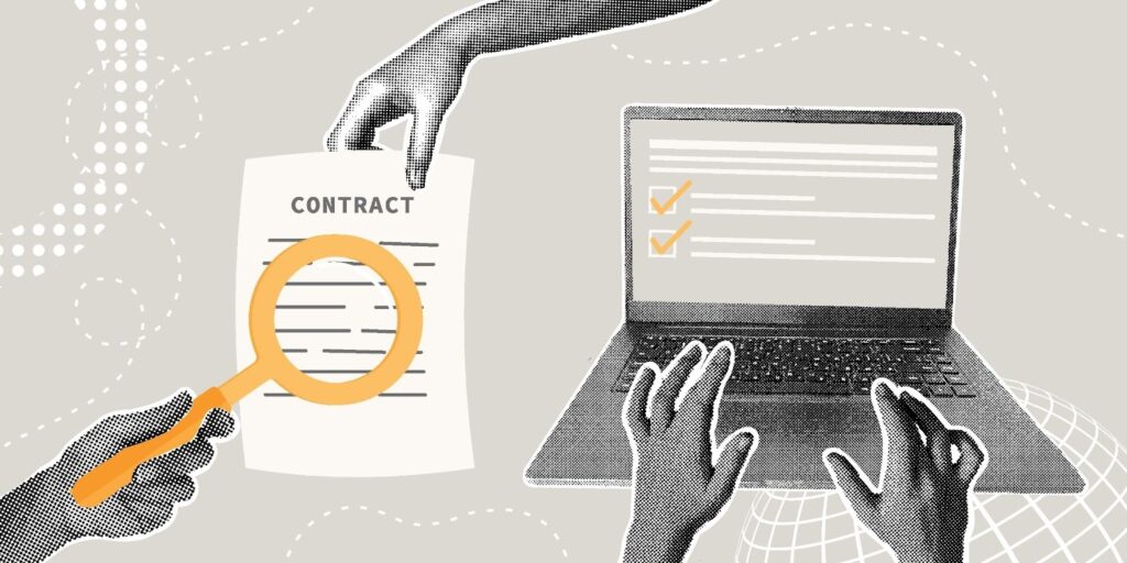 Magnifying glass over a digital solar contract on a computer screen to identify hidden fees and predatory clauses for contract termination.